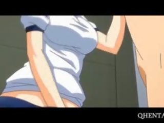 Pink haired anime school gurjak eats kotak on knees